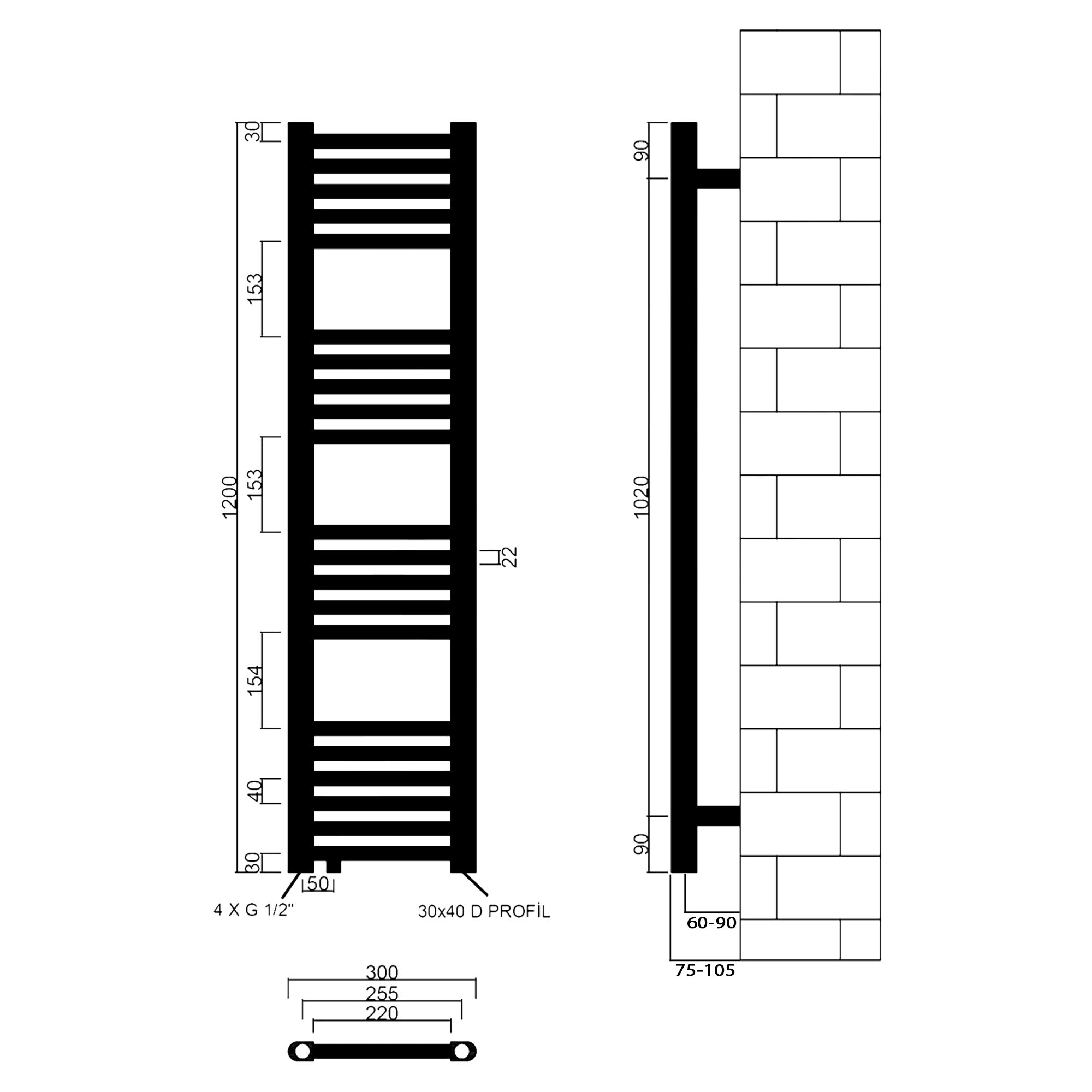 Badheizkörper Pegasus mit Seitenanschluss weiß - badheizkoerper.net