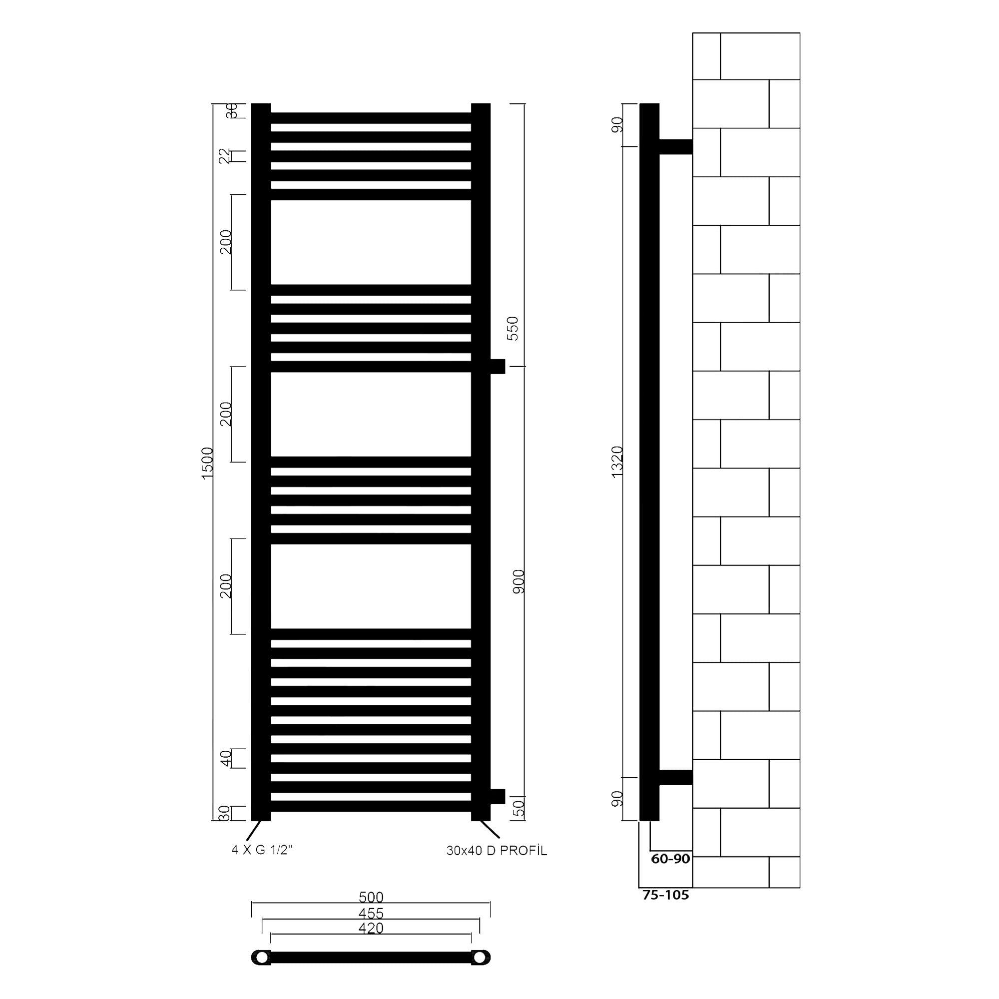 Badheizkörper Andromeda mit Seitenanschluss schwarz matt - badheizkoerper.net