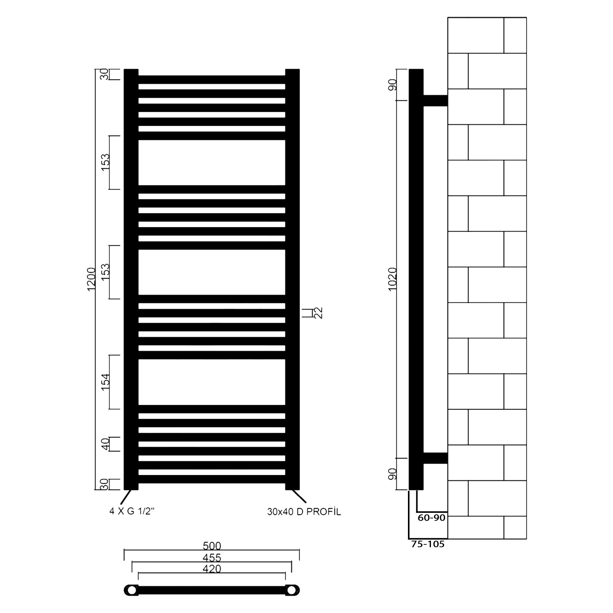 Badheizkörper Leo mit Seitenanschluss weiß - badheizkoerper.net