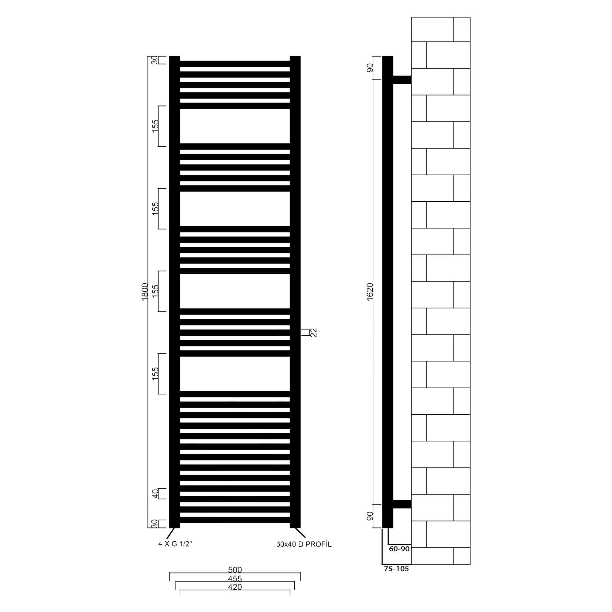 Badheizkörper Leo mit Seitenanschluss weiß - badheizkoerper.net