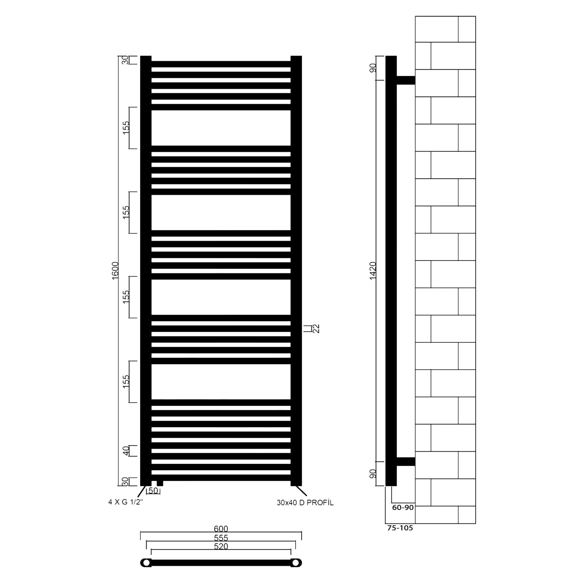 Badheizkörper Pegasus mit Seitenanschluss weiß - badheizkoerper.net