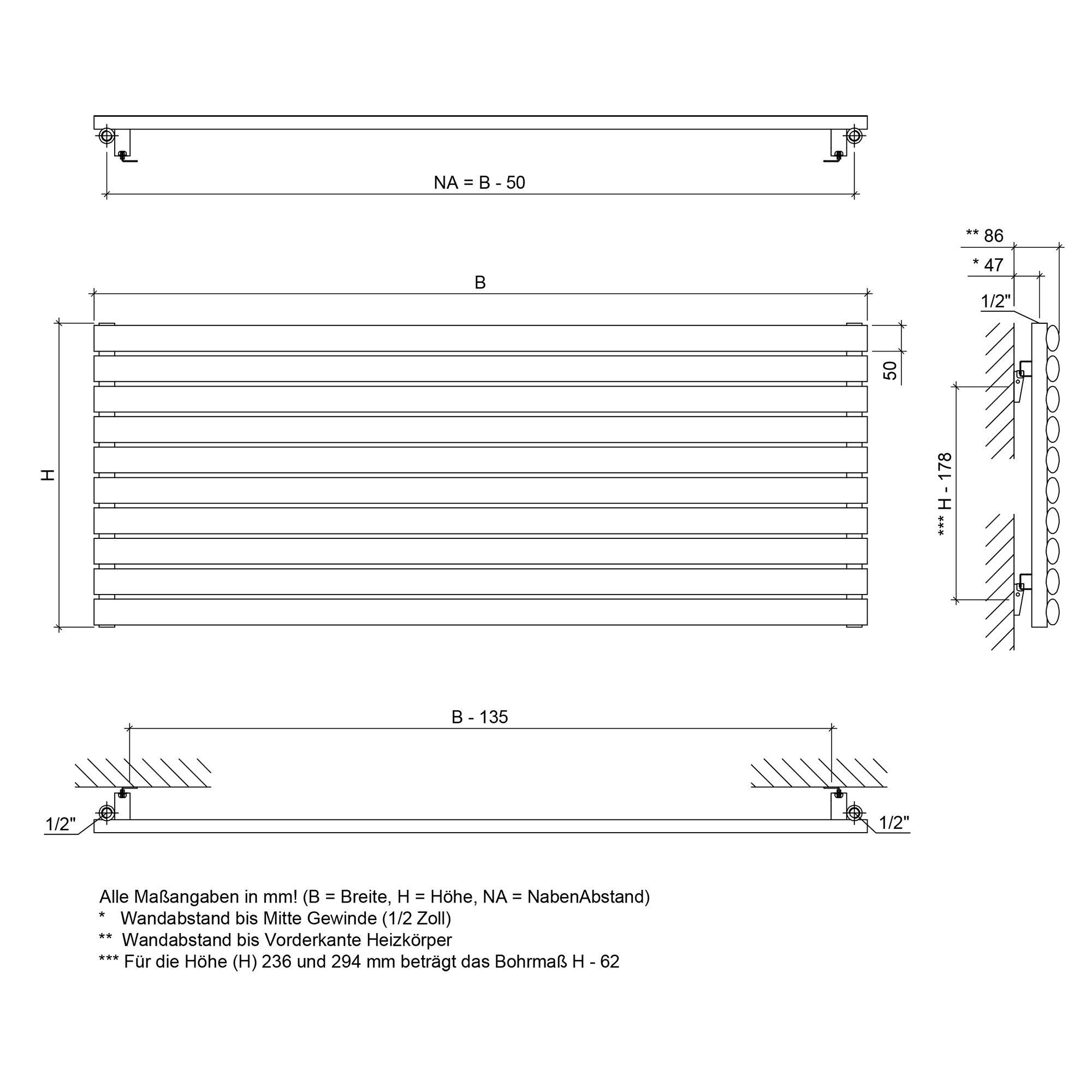Badheizkörper Ebla Horizontal mit Seitenanschluss weiß - badheizkoerper.net