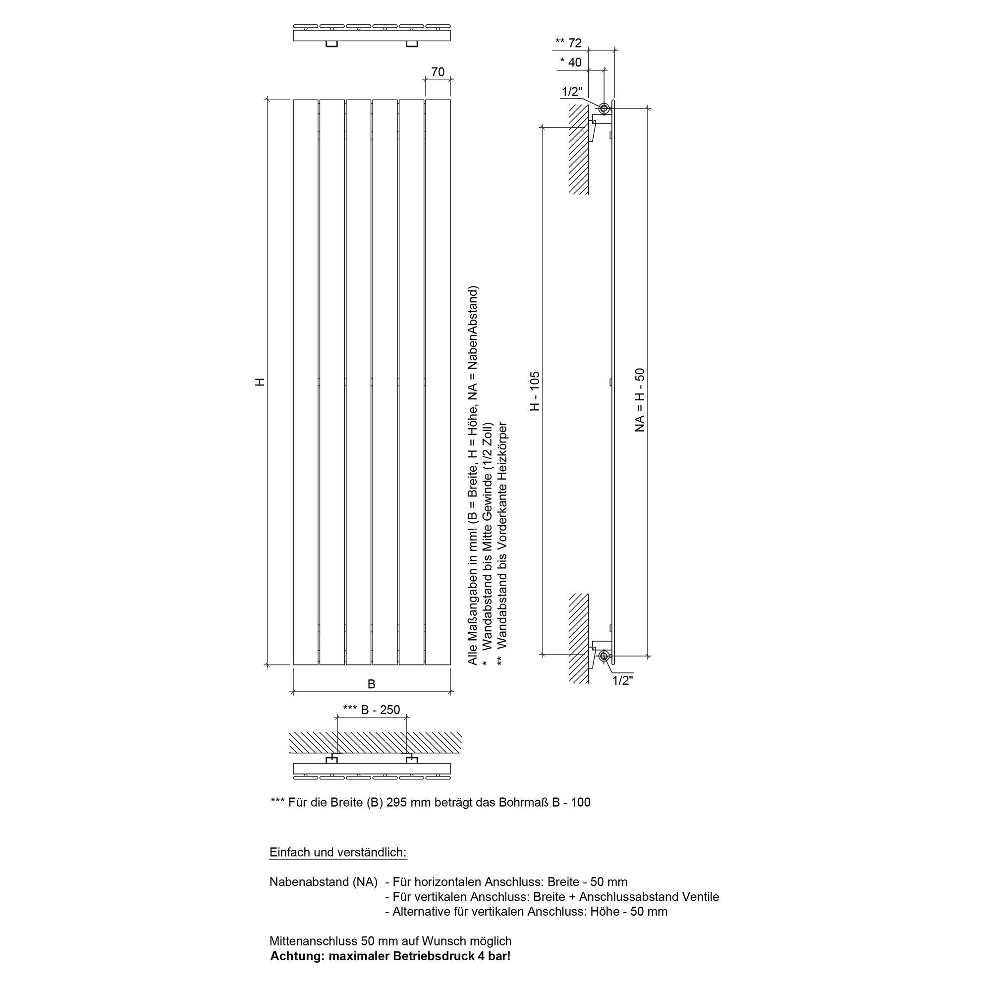 Badheizkörper Mira Vertikal mit Seitenanschluss weiß - badheizkoerper.net