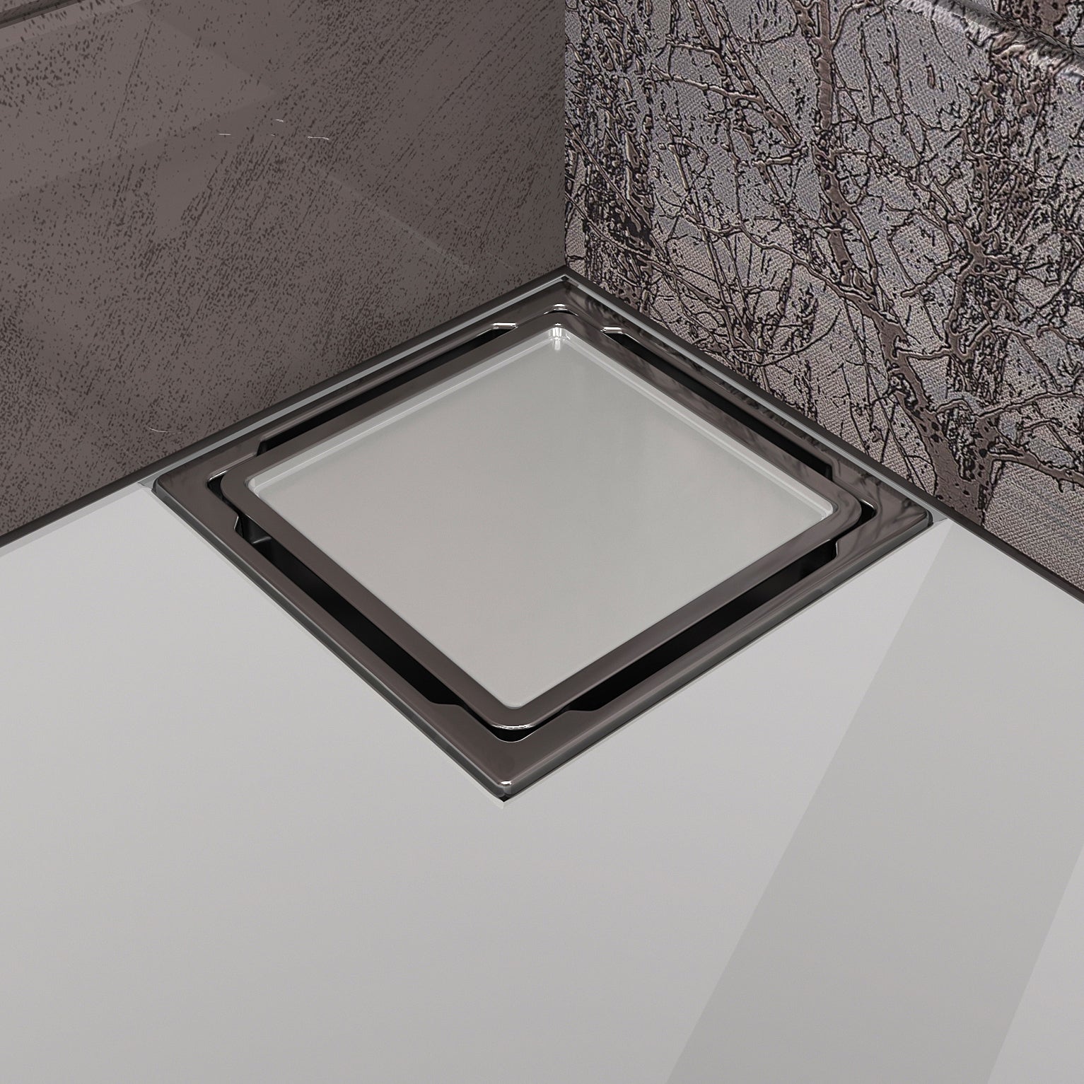 Bodenablauf flach mit Abdeckung aus gehärtetem Glas "WEISS", Edelstahlrahmen 110x110 mm