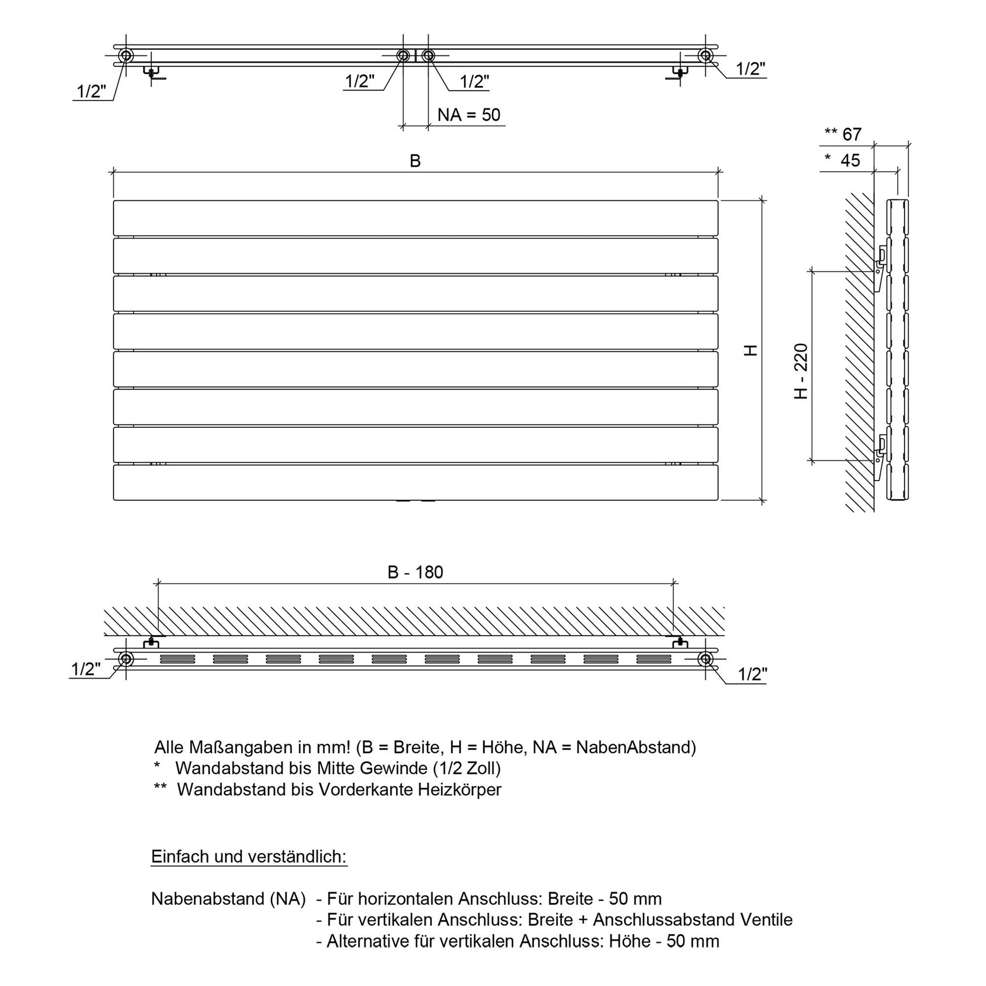 Badheizkörper Mira Duo Horizontal Elegant mit Mittelanschluss weiß - badheizkoerper.net