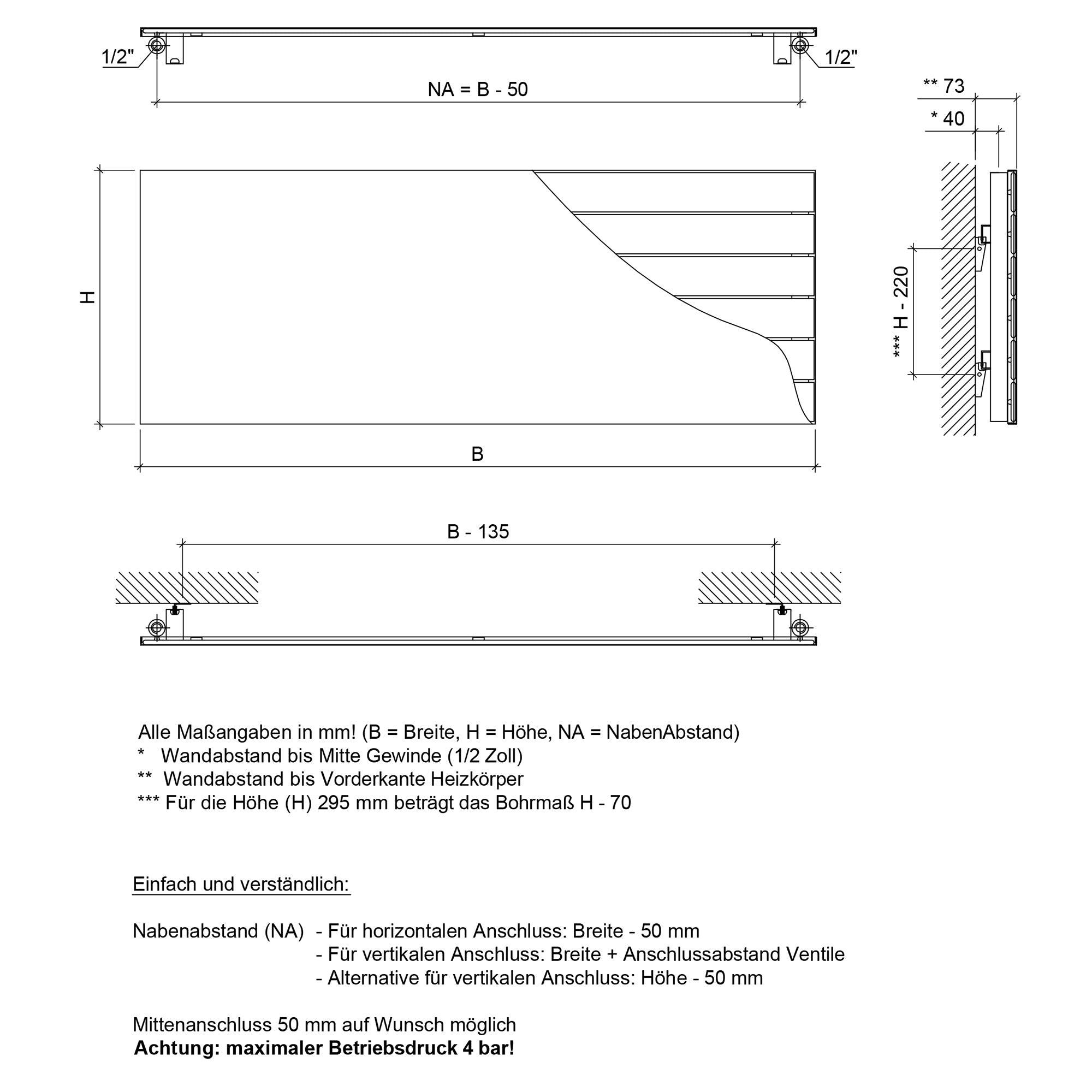 Badheizkörper Mira Plus Horizontal mit Seitenanschluss weiß - badheizkoerper.net